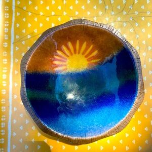 Mid Century Modern Enamel Over Copper Sunset Footed Trinket Dish